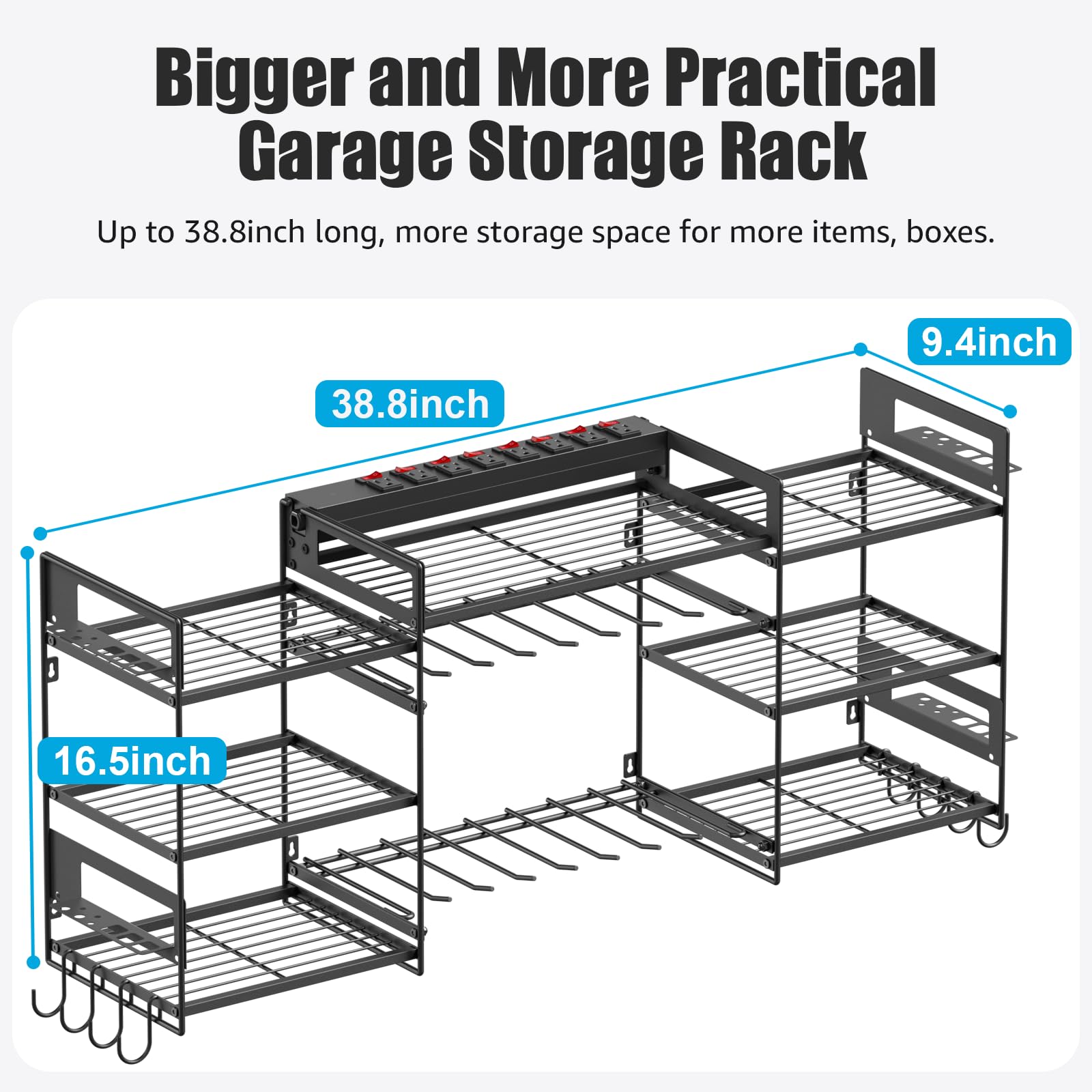 CCCEI Black Power Tools Organizers Wall Mount, Large Tools and Battery Storage Rack Charging Station. 8 Drill Holder, All Metal, Garage Utility Shelves with 6FT Power Strip. Gift for Men.