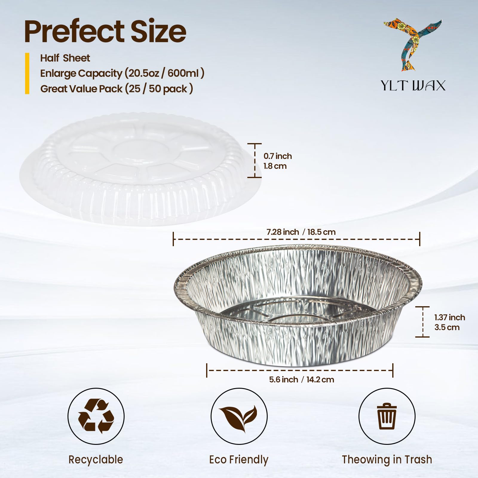 YLT WAX (25 Packs) 7" Round Aluminum Foil Pans with Transparent Lids, Round Disposable Containers with Angled Walls for Tart Baking, Cooking, Storage, Roasting, & Reheating