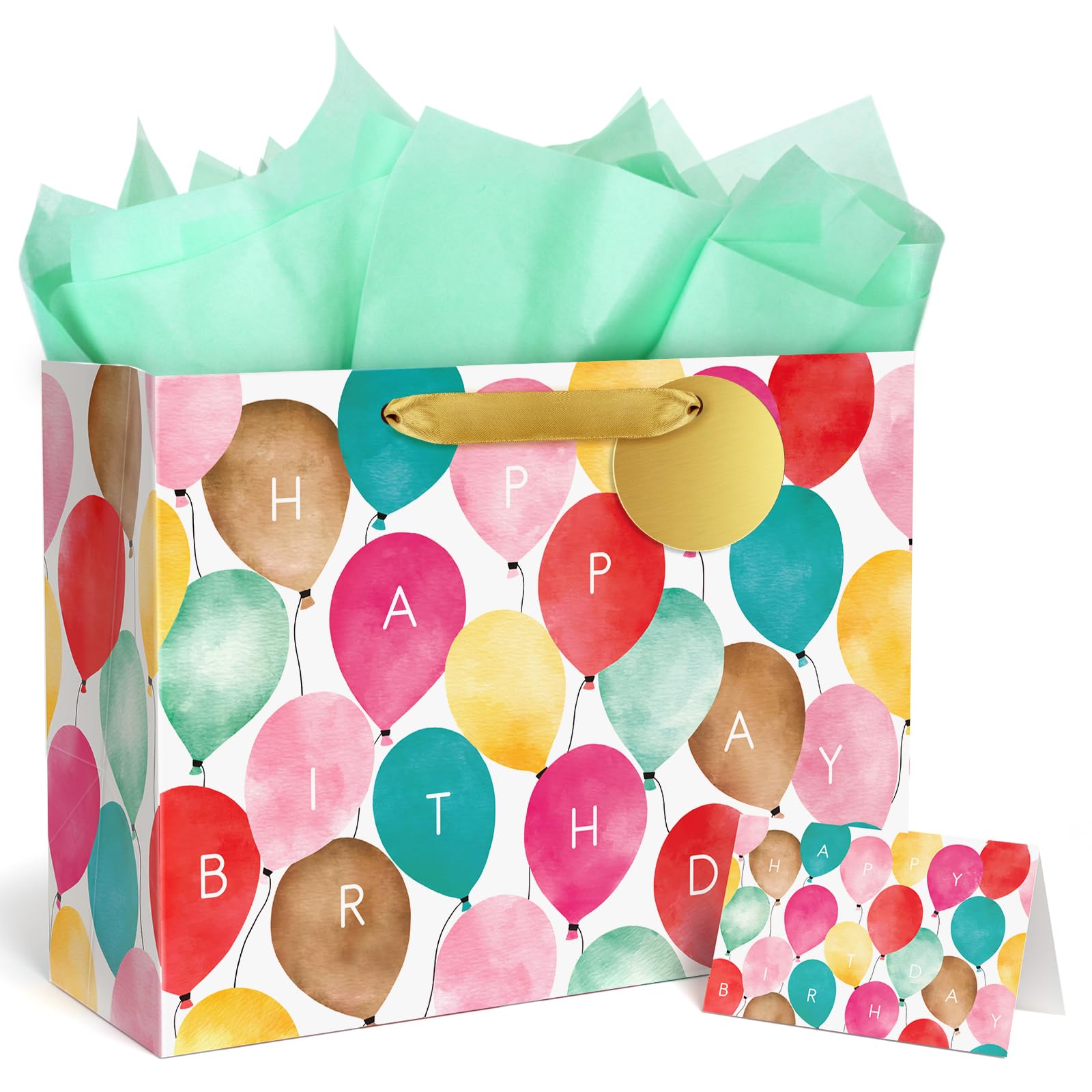 BGTCARDS Birthday Gift Bag with Tissue Paper and Card, Happy Birthday Gift Bags for Birthday, Party, Reusable Gift Bag for Presents with Handles - 13”x 10”x 5”, 1PCS