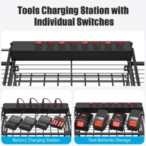 CCCEI Black Power Tools Organizers Wall Mount, Large Tools and Battery Storage Rack Charging Station. 8 Drill Holder, All Metal, Garage Utility Shelves with 6FT Power Strip. Gift for Men.