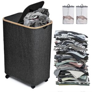 large laundry hamper with wheels and lid | 144l collapsible laundry baskets with removable bag | dirty clothes hamper for bedroom, dorm | carzyhome double rolling laundry basket with handles - black