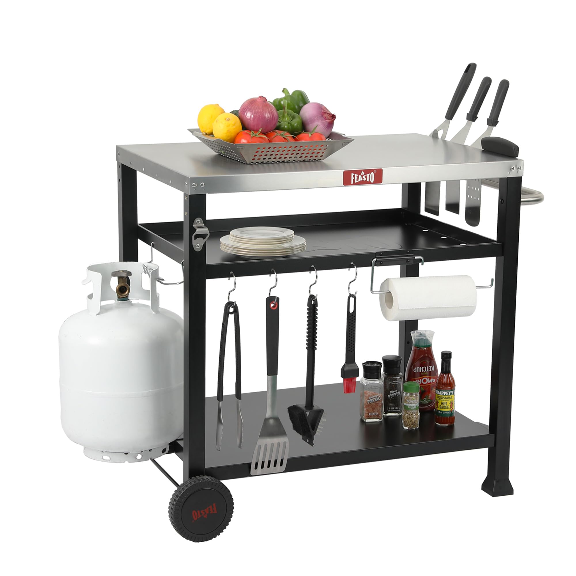 Feasto Three-Shelf Movable Food Prep and Work Cart Table, Home and Outdoor Multifunctional Stainless Steel Table Top Worktable on Two Wheels, L39.5''x W25.6''x H33'', Cover Included