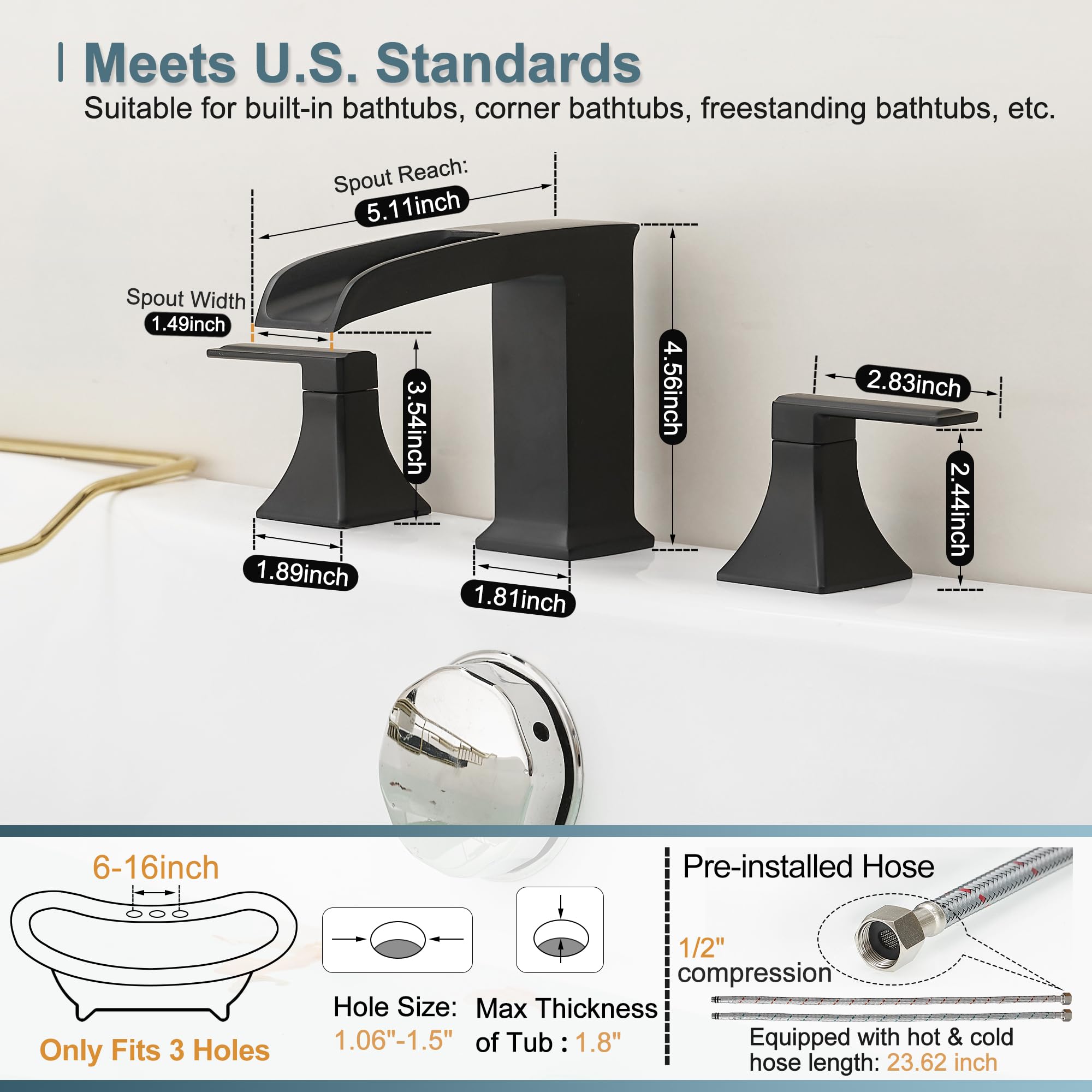 HEYMYTAP Brass High Flow Roman Bathtub Faucet Black Tub Faucet, Waterfall Bath Tub Faucet Set 3 Hole, Widespread Bathtub Faucets Deck Mount Bath Tub Faucets with 2 Knob, Pre-Installed Water Hose