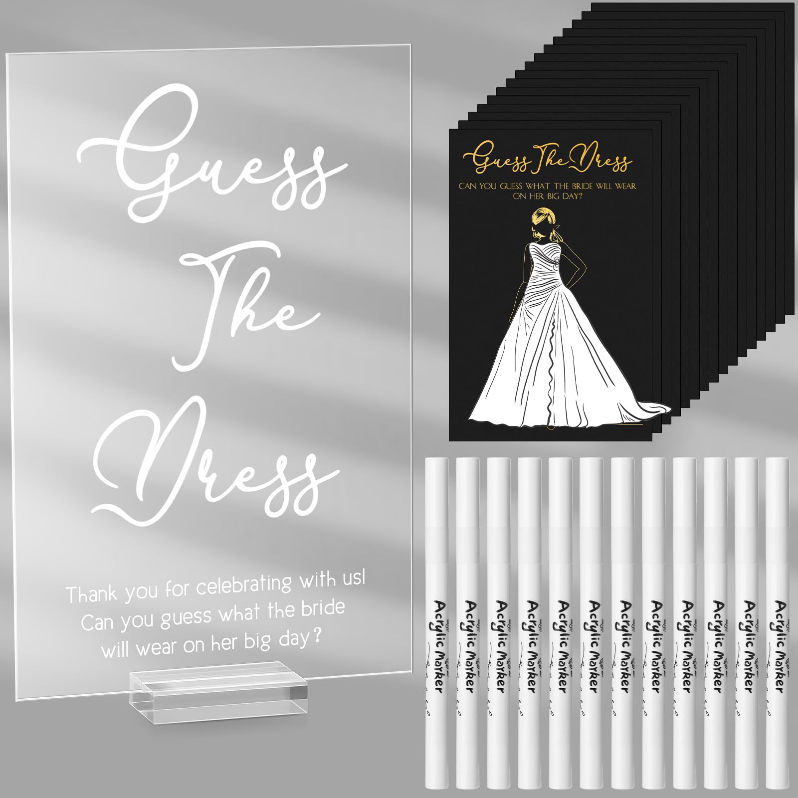 Seajan Guess the Dress Bridal Shower Game Acrylic Bridal Shower Sign Fun Bridal Shower Games Table Sign 50 Black Gold Guessing Cards 20 White Acrylic Pens for Guests Wedding Shower Games Party