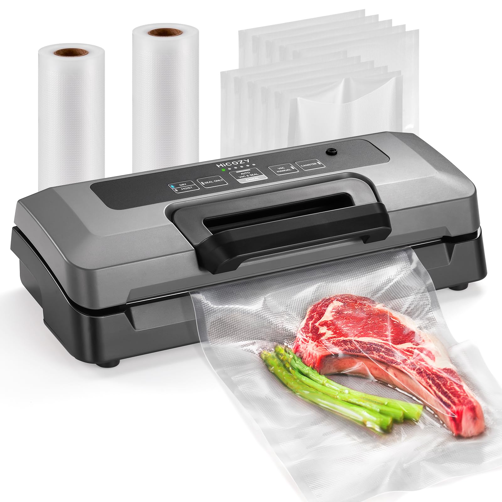 HiCOZY Vacuum Sealer, Full Automatic Vacuum Sealer Machine for Food, Handle Locked Design, Build-in Cutter, Compact Design Food Sealer With All Starter Kits, 5 Modes and 5-Year Quality Commitment