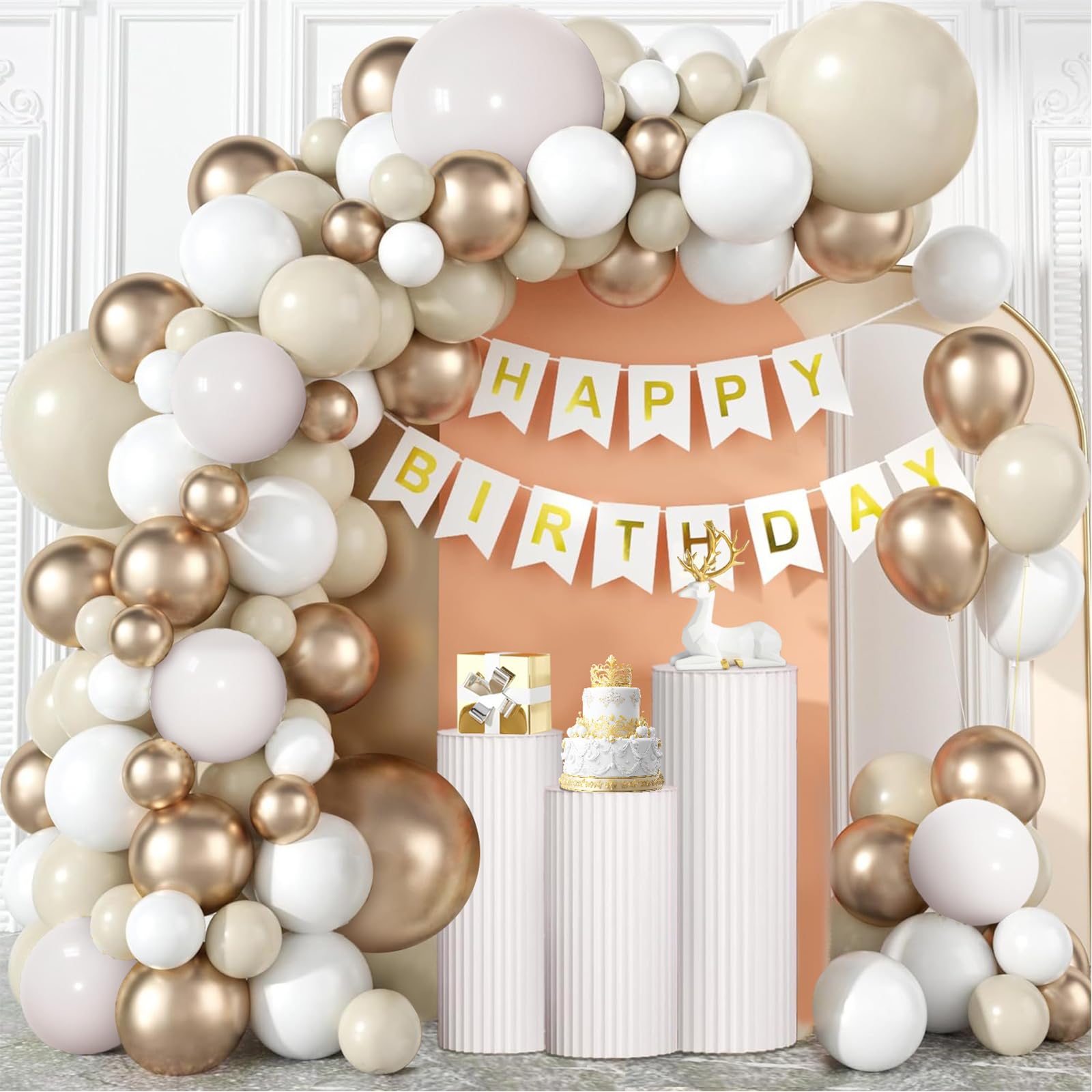 Sand White Gold Balloons Garland Arch Kit, Beige Nude White Balloon with Champagne Gold Latex Balloons for Boho Birthday Wedding Baby Shower Bridal Shower Engagement Party Decorations