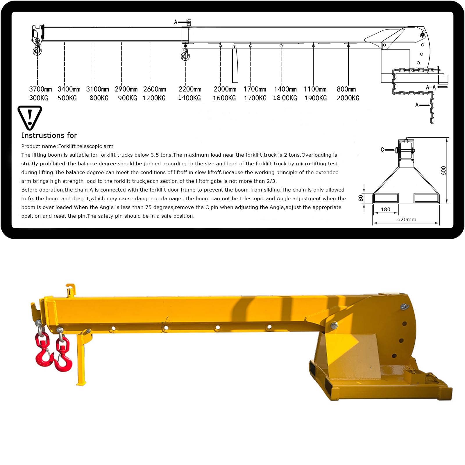 WYDDDARY Adjustable Mobile Crane Lifting Hoist Truss Jib Boom Hook Forklift Telescopic Arm with Adjustable Tilt Angle for Forklift Towing Handling(4400LbS Lift Capacity)