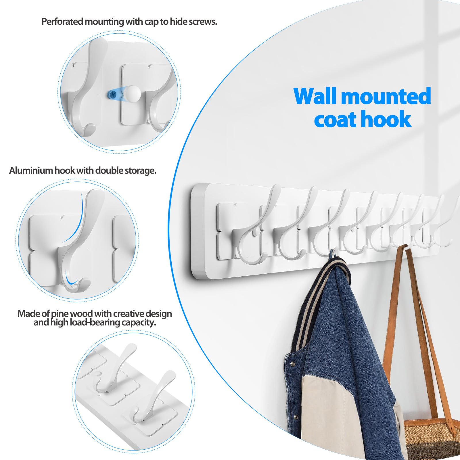 VIEBSOTG Coat Rack Wall Mounted,Wooden Wall Coat Rack with 8 Double Hooks for Hanging Clothes,Coats,Hats,Jackets,31.5inch (White, 8 Hooks)