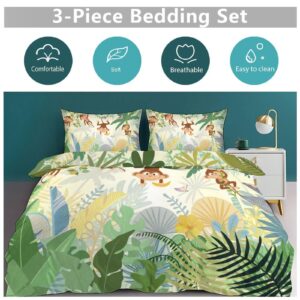 GDSCCLGX Funny Tropical Jungle Monkey Duvet Cover Set Full Size,Modern Forest Green Leaf Palm Leaf Floral Bedding Sets 3 Pieces(1 Duvet Cover+2 Pillowcases)