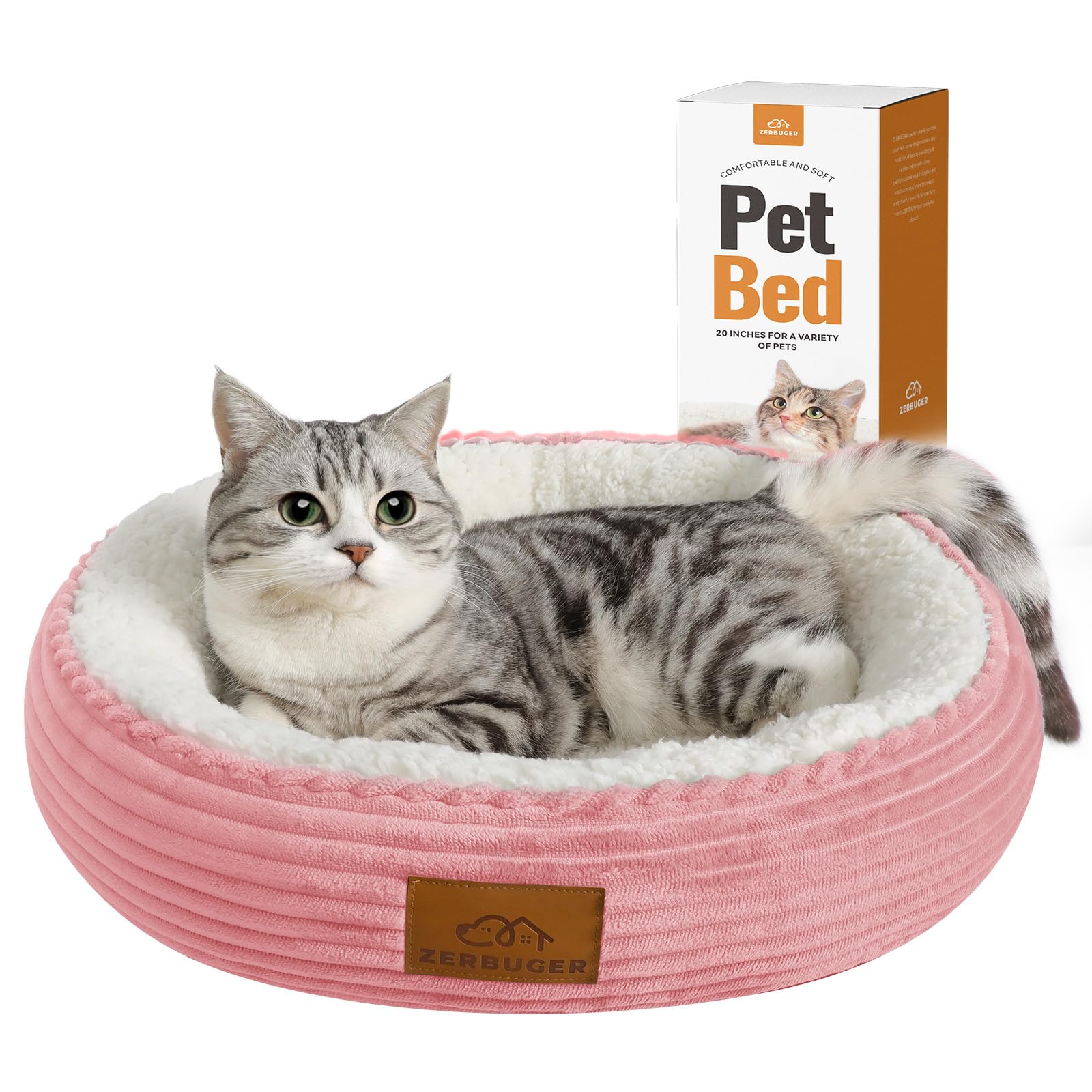 Cat Beds for Indoor Cats, Dog Beds for Small Dogs, Round Donut Pet Bed for Puppy and Kitty, Soft Cozy& Machine Washable, Non Skid Bottom, 20" (Pink, 20.0" L x 20.0" W x 6.5" Th)