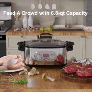 Anfilank 10-in-1 Programmable Slow Cooker with Timer, 6.8 Quart Crock Pot, Presets to Sous Vide, Bake, Sauté, Cook Rice& More, Nonstick Dishwasher-Safe Pot, Adjustable Temp&Time, Stainless Steel