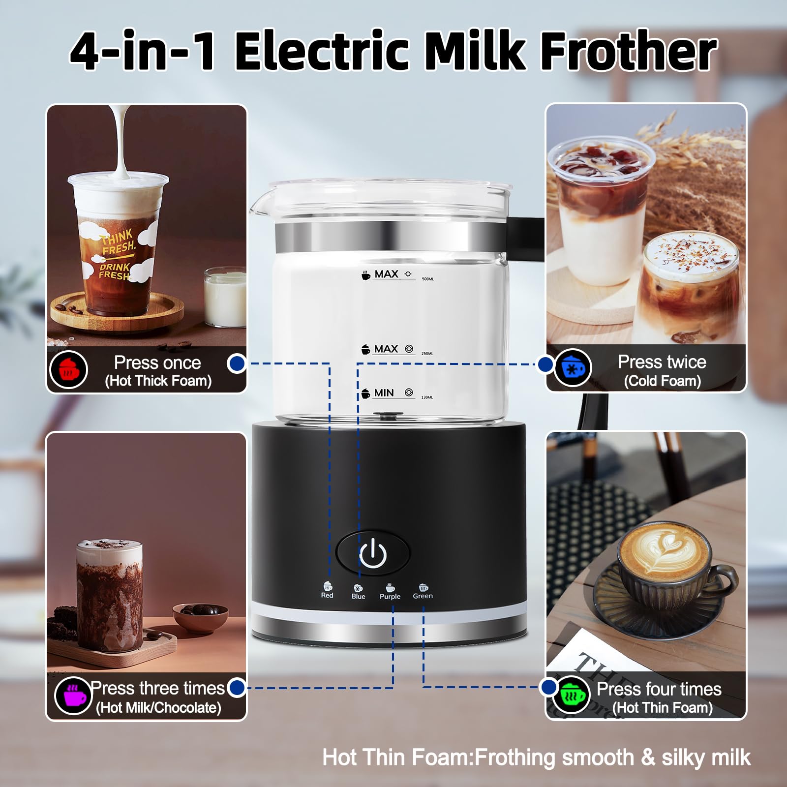 Electric Milk Frother, 4 in 1 Milk Frother and Steamer, Milk Steamer,16.9OZ/500ml Automatic Warm and Cold Foam Maker for Coffee,Latte, Cappuccino, Macchiato, Hot Chocolate, Dishwasher Safe (Black)