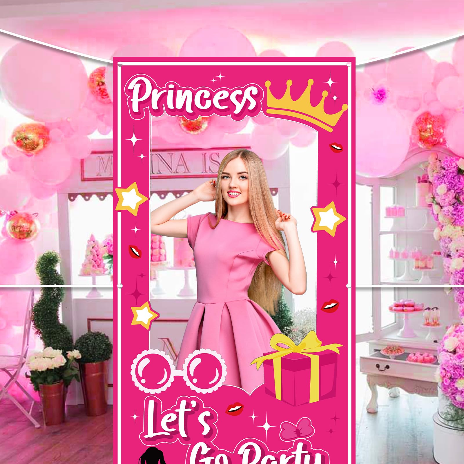 Hot Pink Girls Photo Booth Prop, 76x40 Inch Pink Photo Booth Box Princess Photo Booth Prop Let's Go Party for Bridal Shower Bachelorette Party Pink Girls Birthday Decorations