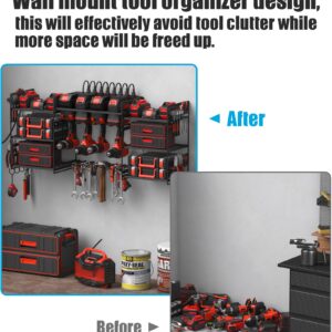 CCCEI Black Power Tools Organizers Wall Mount, Large Tools and Battery Storage Rack Charging Station. 8 Drill Holder, All Metal, Garage Utility Shelves with 6FT Power Strip. Gift for Men.