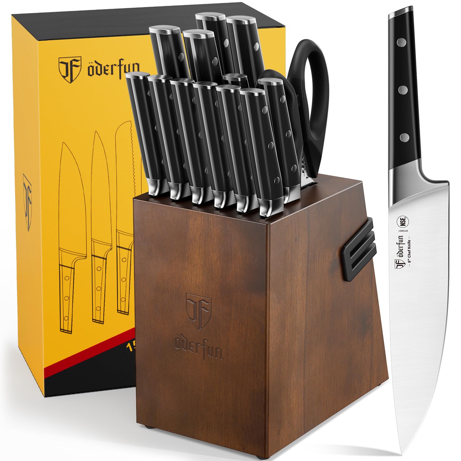 ODERFUN Kitchen Knife Set with Block, 15PCS Full Tang Knife Block Set with Built-in Sharpener, High Carbon Stainless Steel Knives Sets for Kitchen, Razor Sharp Kitchen Knives with Box