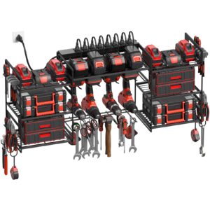 cccei black power tools organizers wall mount, large tools and battery storage rack charging station. 8 drill holder, all metal, garage utility shelves with 6ft power strip. gift for men.