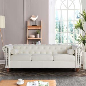 Halofe Classic Chesterfield Sofa, 80.31" Modern Velvet 3 Seater Sofa Couch with 2 Pillows, Tufted Back Chesterfield Settee Sofas with Rolled Arms and Nailhead Trim for Living Room, Office (White)