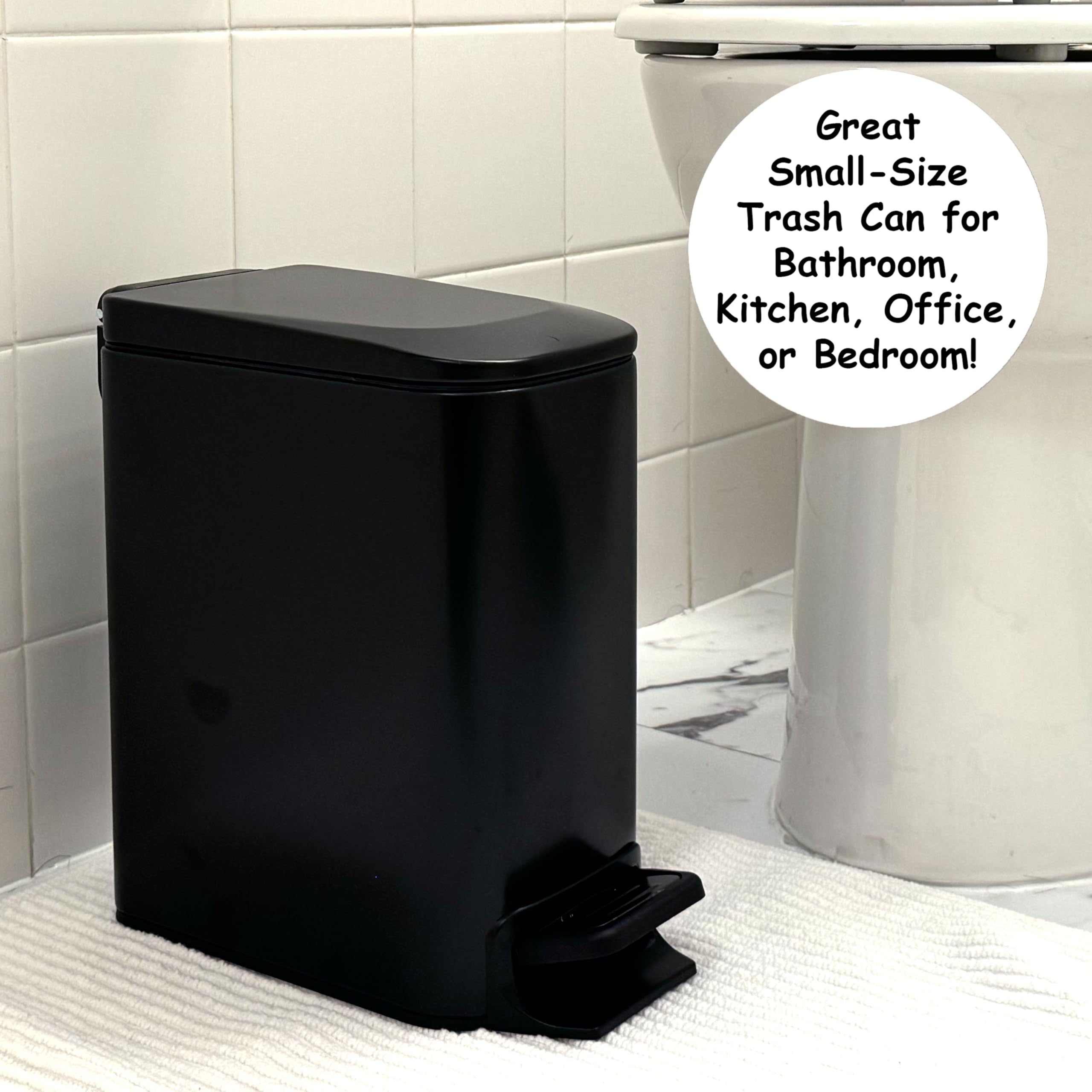 Homie Soft Close, Slim Trash Can 6 Liter / 1.6 Gallon with Anti - Bag Slip Liner and Lid, Use as Mini Garbage Basket, Slim Dust Bin, or Decor in Bathroom, Restroom, Kitchen, or Bedroom (Matte Black)