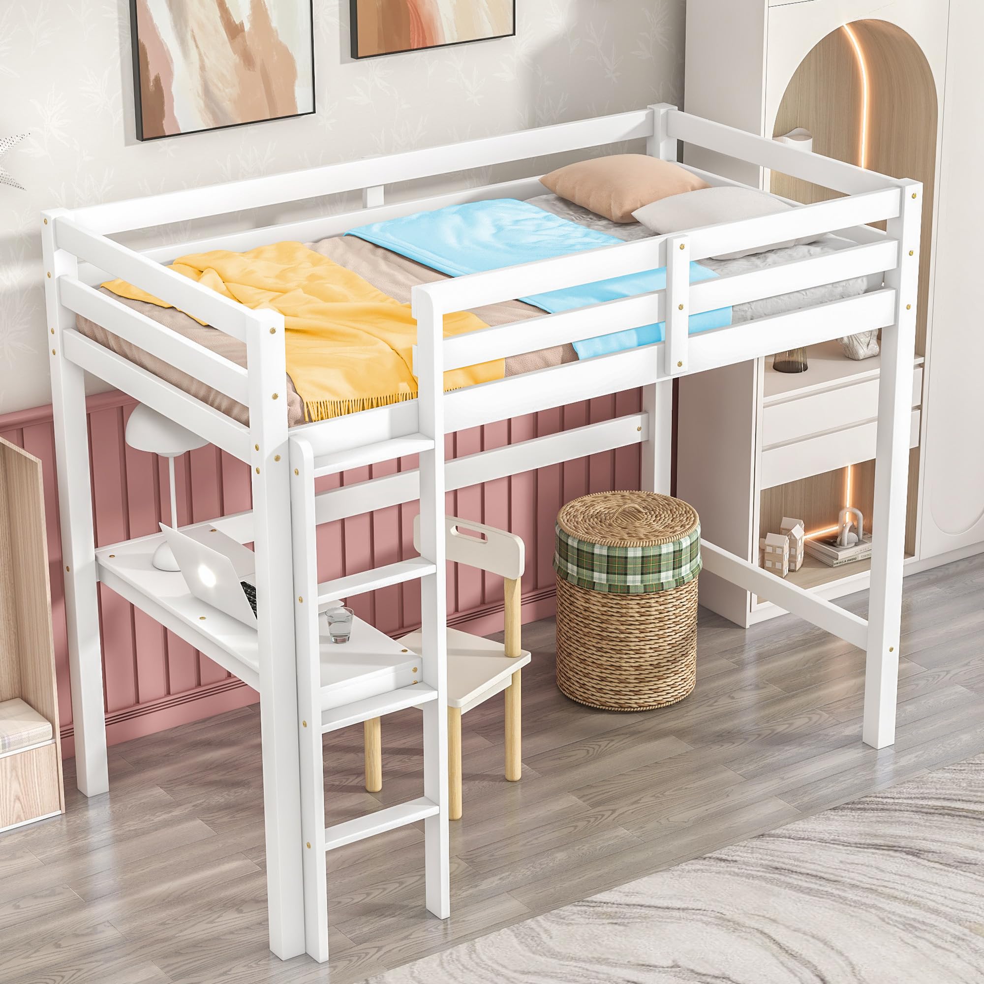 Anwick Wood Loft Bed Twin Size with Desk,Kids Loft Bed with Stairs and Rails for Toddlers Kids Teens Boys Girls,Solid Wood Salts Support,Noise-Free,Easy Assemble (White, Twin)