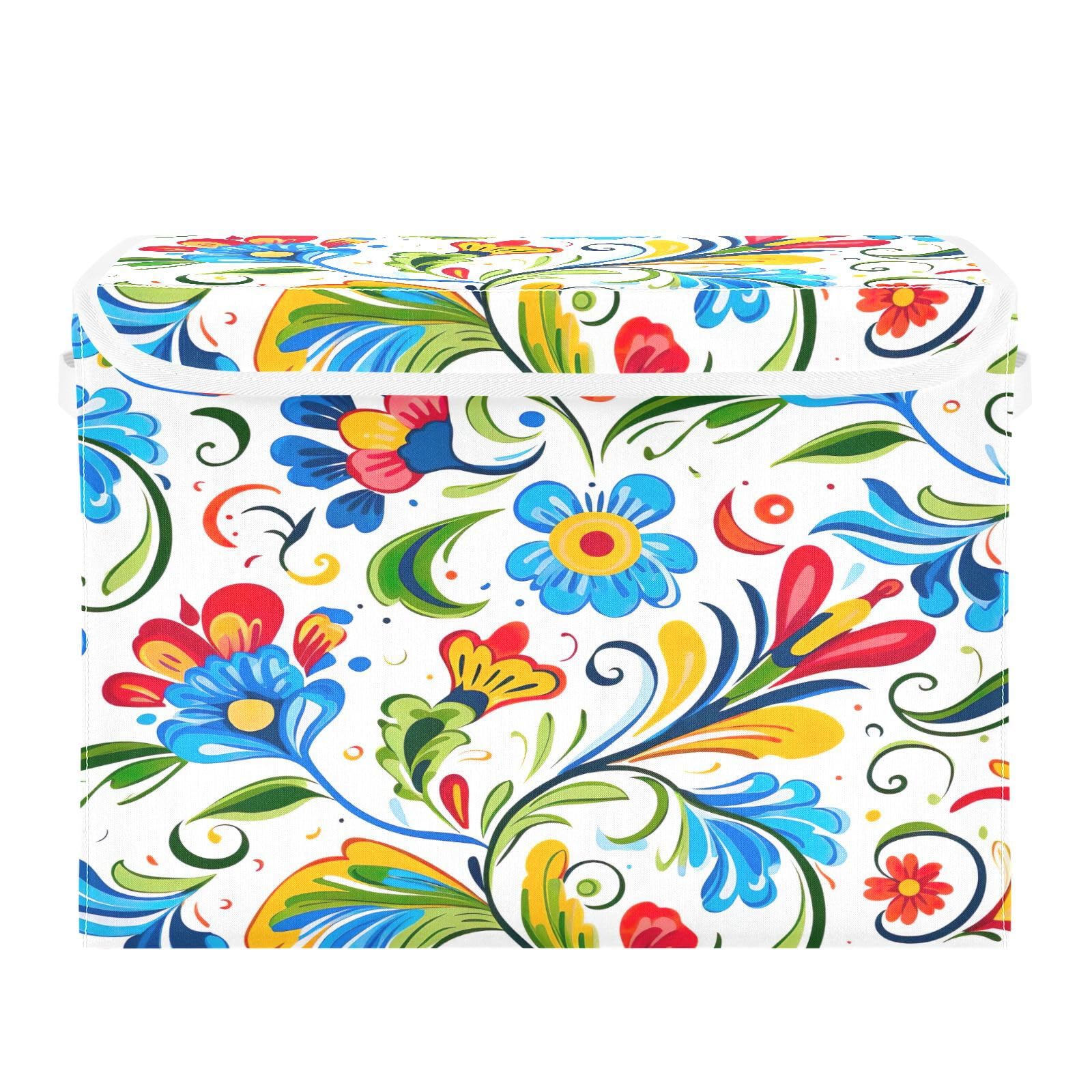 Wassud Storage Bins with Lids Colorful Flower Pattern Collapsible Stackable Fabric Linen Baskets Closet Organizer Container,16.5"x12.6"x11.8"