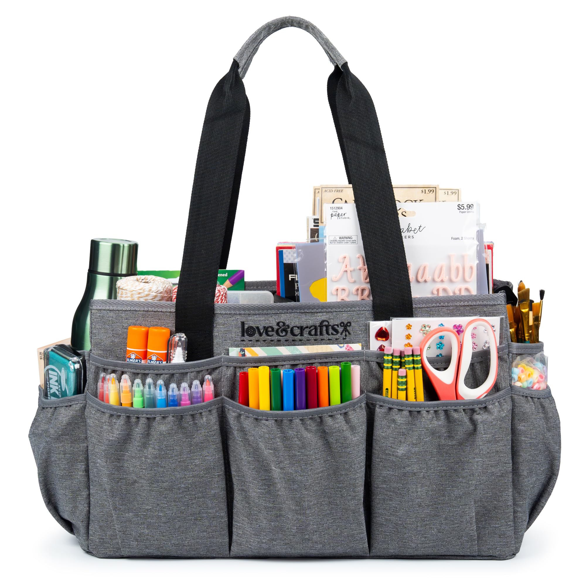 Large Craft Organizer Tote Bag - Art Bag 16 x 7.9 x 9.5 with Elastic Side Pockets to Keep Markers Tidy - Durable Craft Bag Organizer Tote - Caddy Organizer with Handle and Removable Divider (Grey)