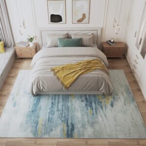 Modern Abstract Area Rug - 6x9 Area Rug Carpet, Non-Slip Non-Shedding Washable Rugs for Living Room and Bedroom, Smoke Navy & Yellow, 6' x 9'