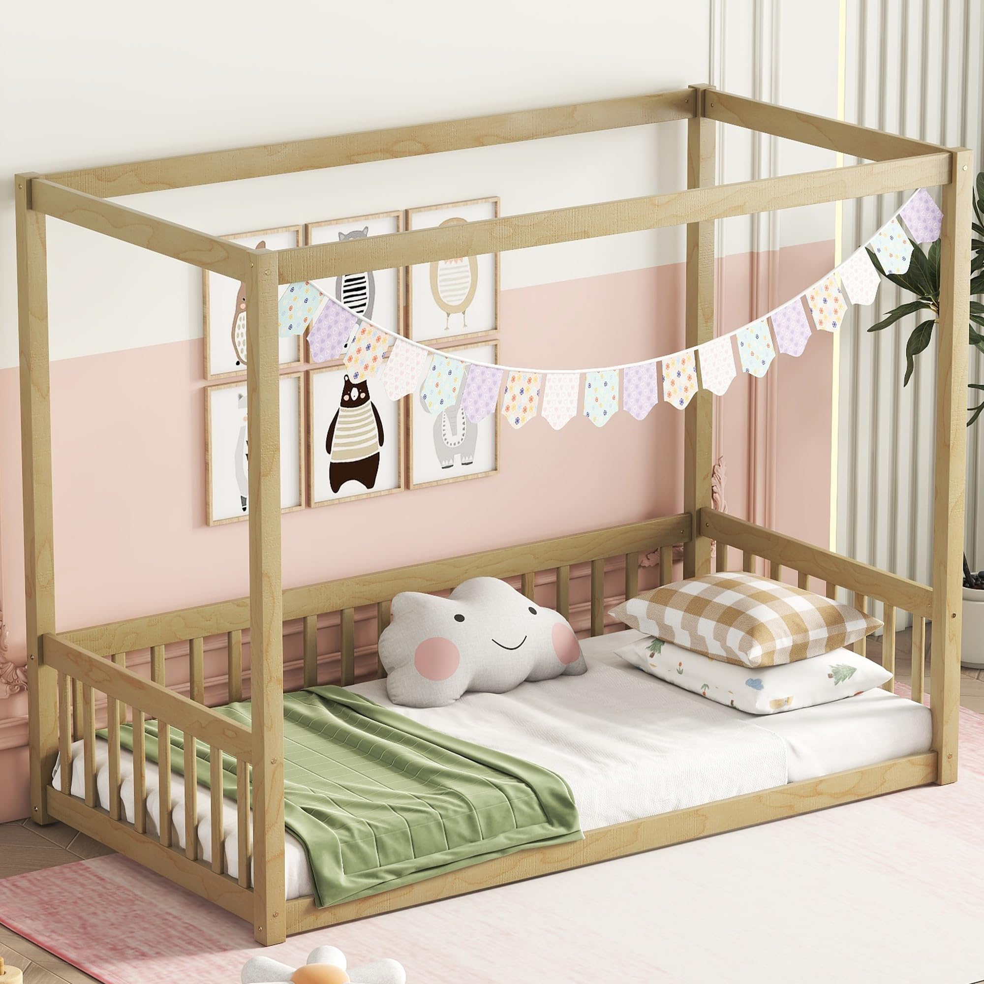 Wood Twin Size Canopy Frame Floor Bed with Fence and Guardrails,for Kids Toddler Boys Girls Teens Bedroom Use (Natural@Fence, Twin)