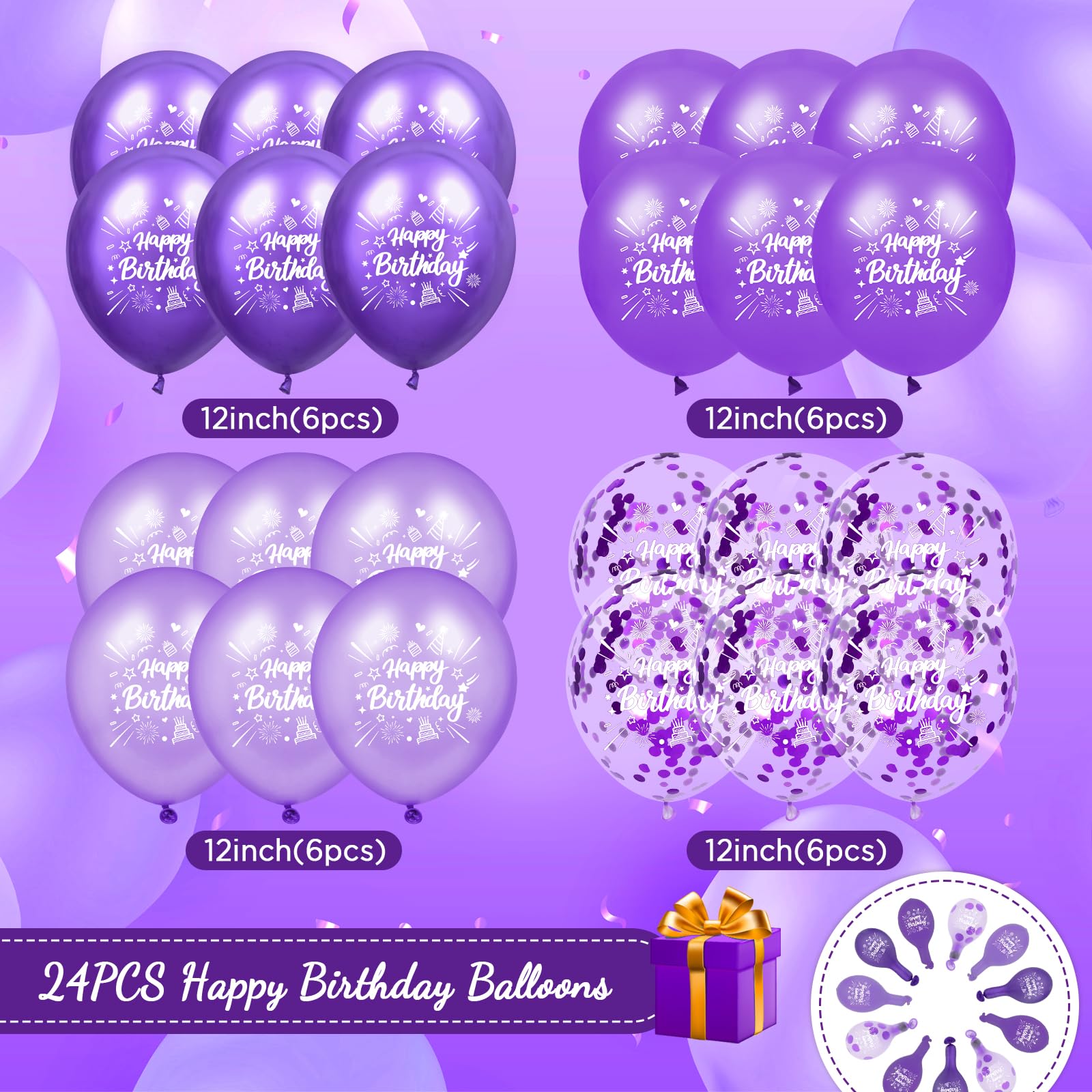 Purple Birthday Balloons 24Pcs Purple Happy Birthday Metallic Balloons Purple Latex Balloons Confetti Balloons for Girls Women Birthday Engagement Bridal Shower Wedding Anniversary Party Supplies