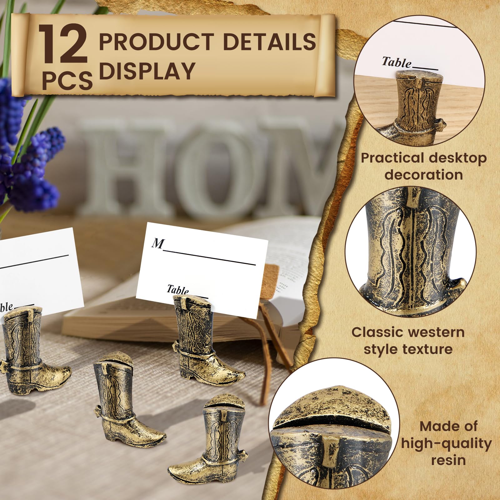 12 Pcs Place Card Holders, Retro Cowboy Boots Table Card Holder Resin Place Photo Stand Creative Table Sign Stands Picture Number Sign Holders for Wedding Guest Party Favor Events 1.9 x 1.6 in