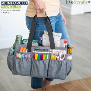 Large Craft Organizer Tote Bag - Art Bag 16 x 7.9 x 9.5 with Elastic Side Pockets to Keep Markers Tidy - Durable Craft Bag Organizer Tote - Caddy Organizer with Handle and Removable Divider (Grey)