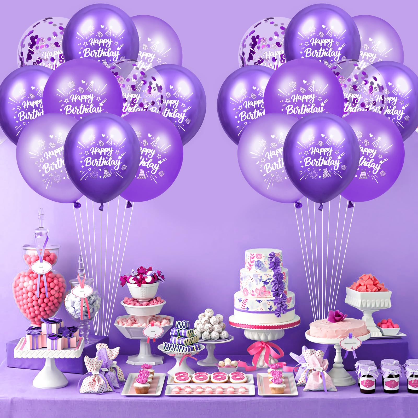 Purple Birthday Balloons 24Pcs Purple Happy Birthday Metallic Balloons Purple Latex Balloons Confetti Balloons for Girls Women Birthday Engagement Bridal Shower Wedding Anniversary Party Supplies