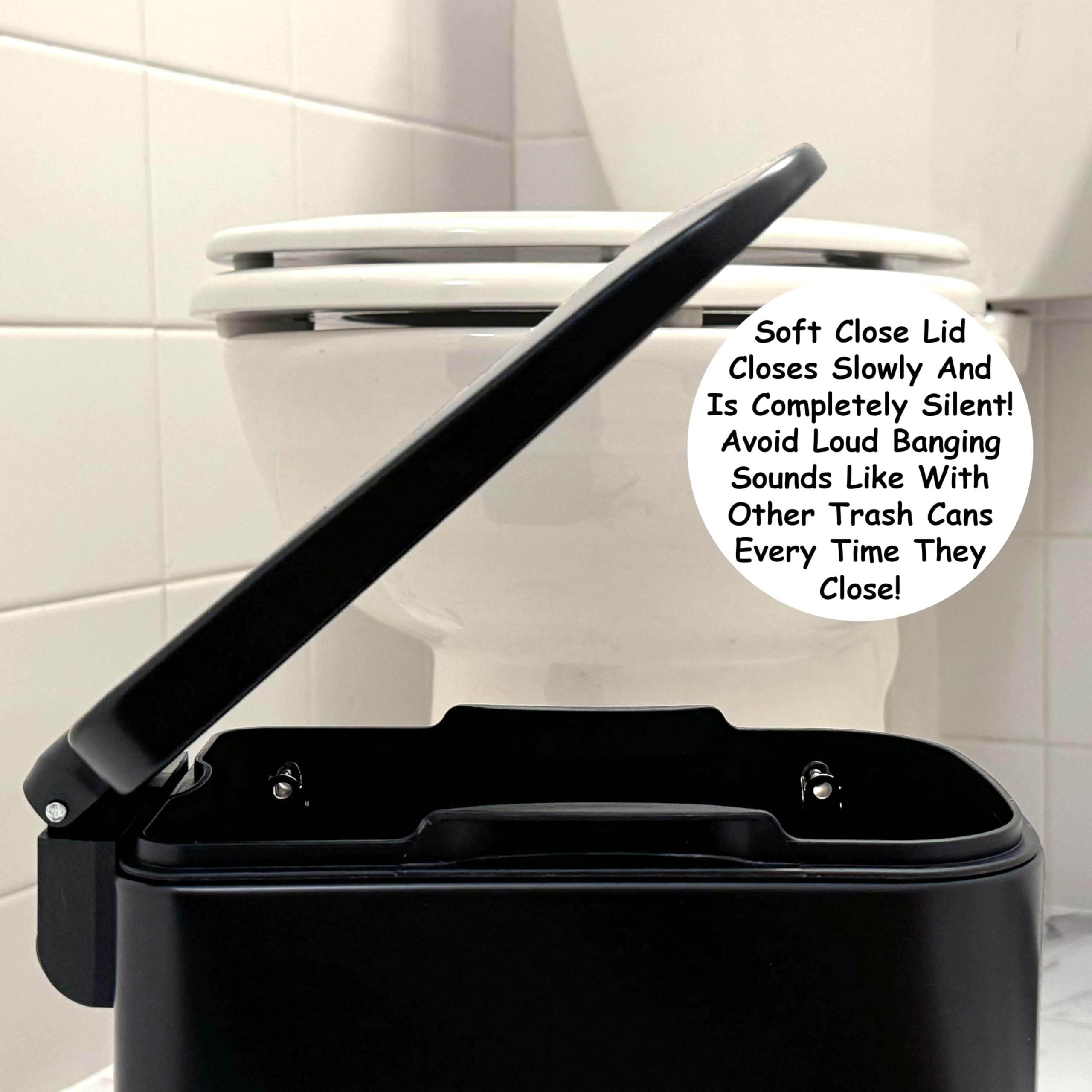 Homie Soft Close, Slim Trash Can 6 Liter / 1.6 Gallon with Anti - Bag Slip Liner and Lid, Use as Mini Garbage Basket, Slim Dust Bin, or Decor in Bathroom, Restroom, Kitchen, or Bedroom (Matte Black)