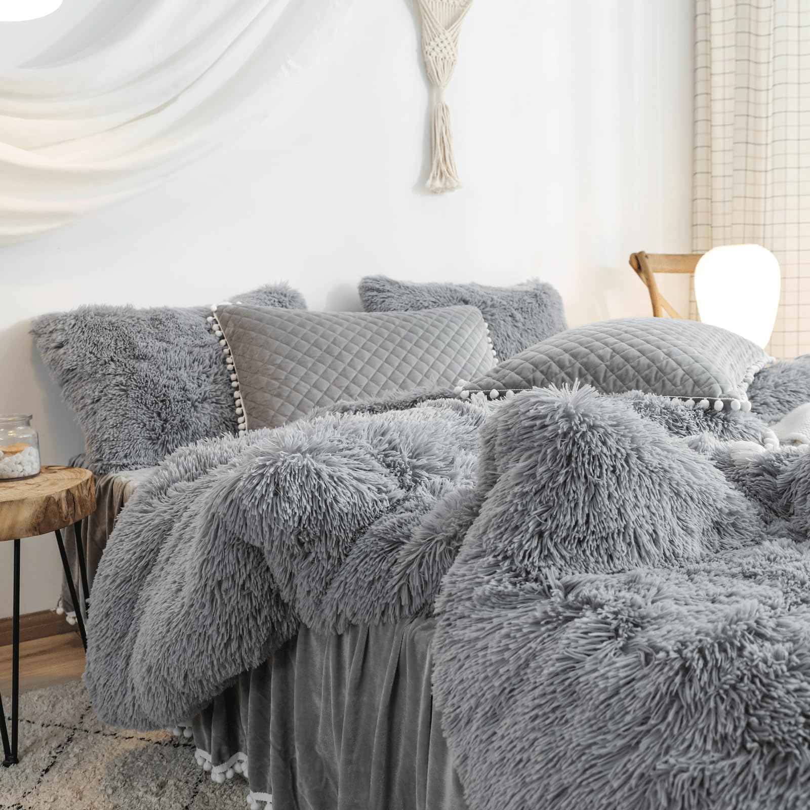 HAIHUA Luxury Plush Shaggy Flannel Velvet (1 Faux Fur Duvet Cover) Fluffy Comforter Bedding Sets 1 Pieces,Zipper Closure (Gray, Queen)