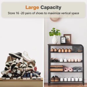 IDEALHOUSE Shoe Rack, 5 Tier Shoe Storage Organizer with Mesh Storage Basket, Shoe Shelf with 4 Steel Shelves and Top Panel, Holds 16-20 Pairs of Shoes for Entryway, Closet, Steel Frame, Rustic Brown