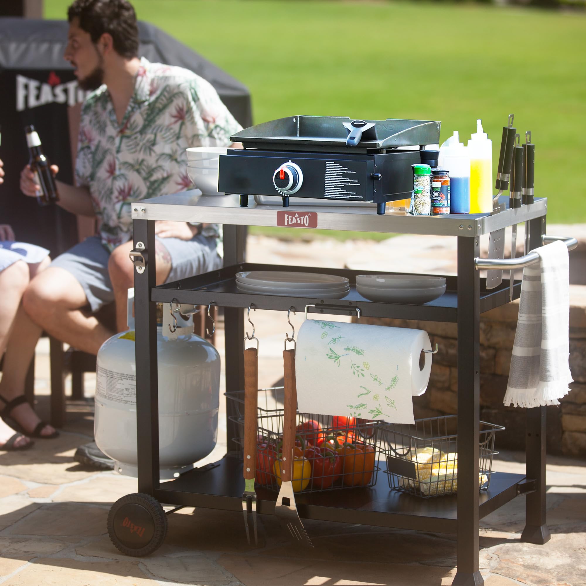 Feasto Three-Shelf Movable Food Prep and Work Cart Table, Home and Outdoor Multifunctional Stainless Steel Table Top Worktable on Two Wheels, L39.5''x W25.6''x H33'', Cover Included