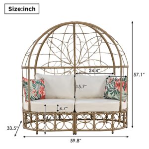 Merax Round Outdoor Patio Daybed, Conversation Sofa Set with Canopy, Wicker Loveseat Sunbed with Floral Pattern, Colorful Pillows & Removable Cushions, Beige