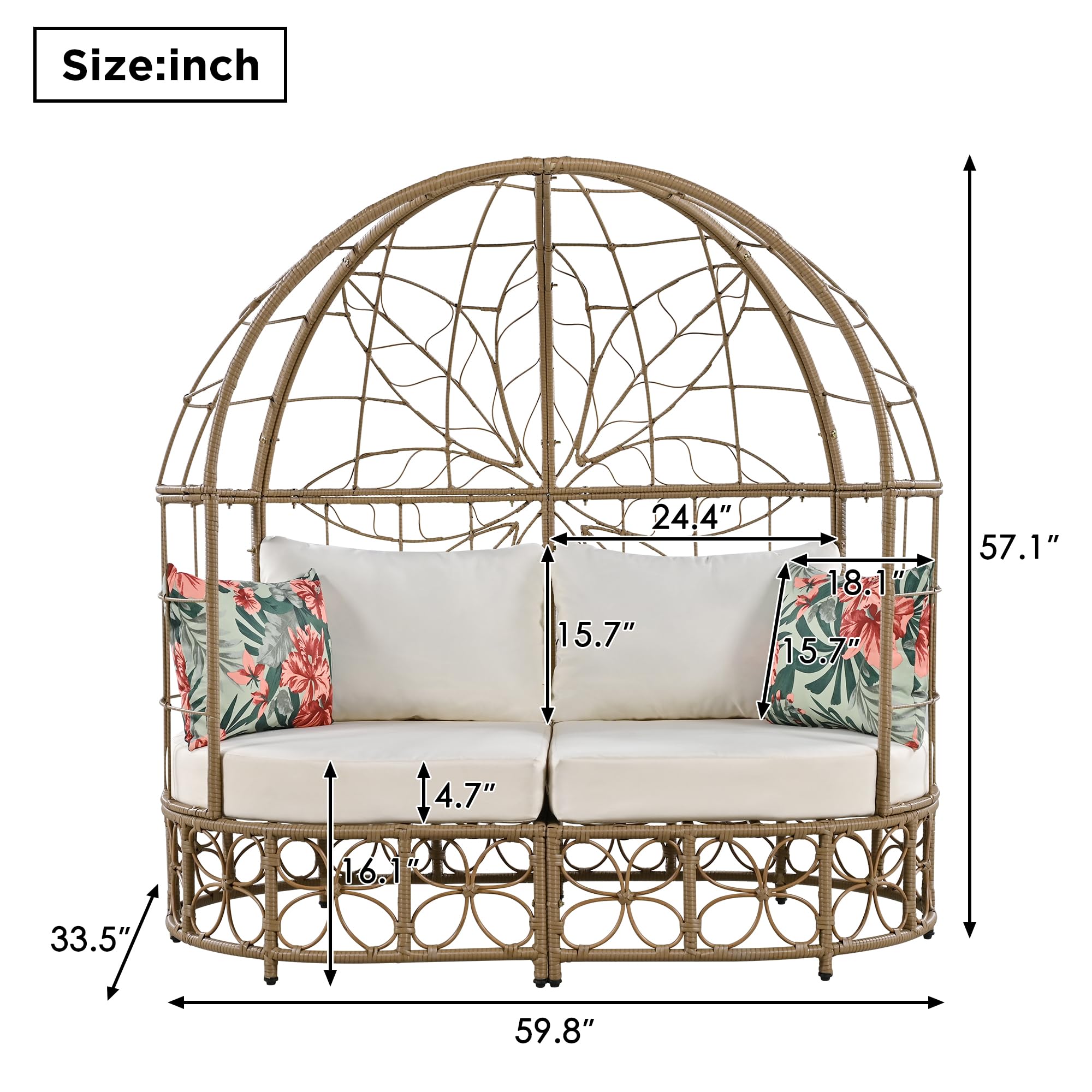 Merax Round Outdoor Patio Daybed, Conversation Sofa Set with Canopy, Wicker Loveseat Sunbed with Floral Pattern, Colorful Pillows & Removable Cushions, Beige