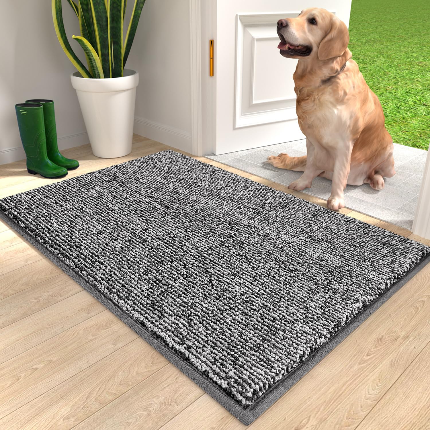 anllugs Door Mat Indoor 20" x 32", Entryway Rug Dirt Trapper Door Mats, Non-Slip Machine Washable TPR Rubber Absorbent Door Mats Great for Entryway Garden Hallway, Grey