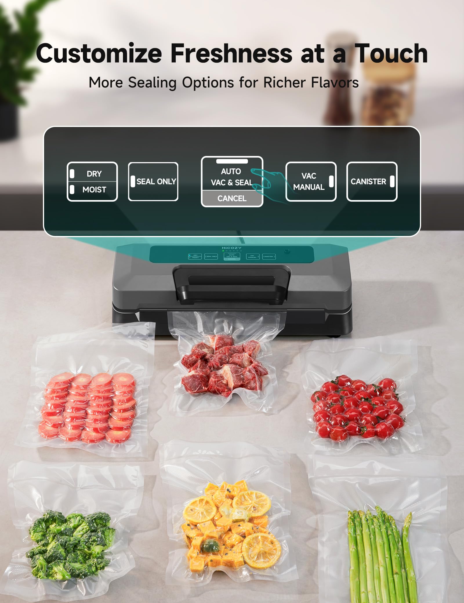 HiCOZY Vacuum Sealer, Full Automatic Vacuum Sealer Machine for Food, Handle Locked Design, Build-in Cutter, Compact Design Food Sealer With All Starter Kits, 5 Modes and 5-Year Quality Commitment