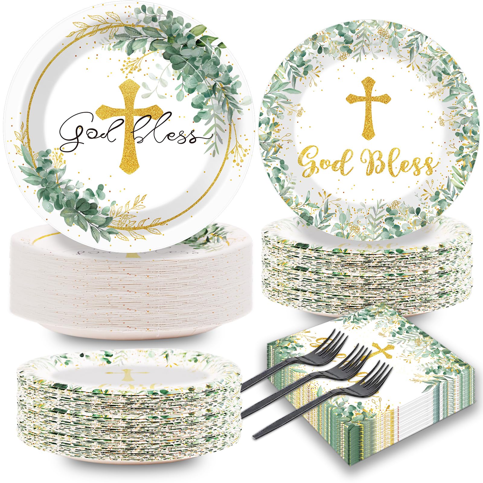 Naozinebi 200Pcs God Bless Baptism Plates Napkins First Holy Communion Party Tableware Set Christening Ceremony Dinnerware Confirmation Paper Plates for Mi Bautizo Baby Shower Decor Supplies Serve 50