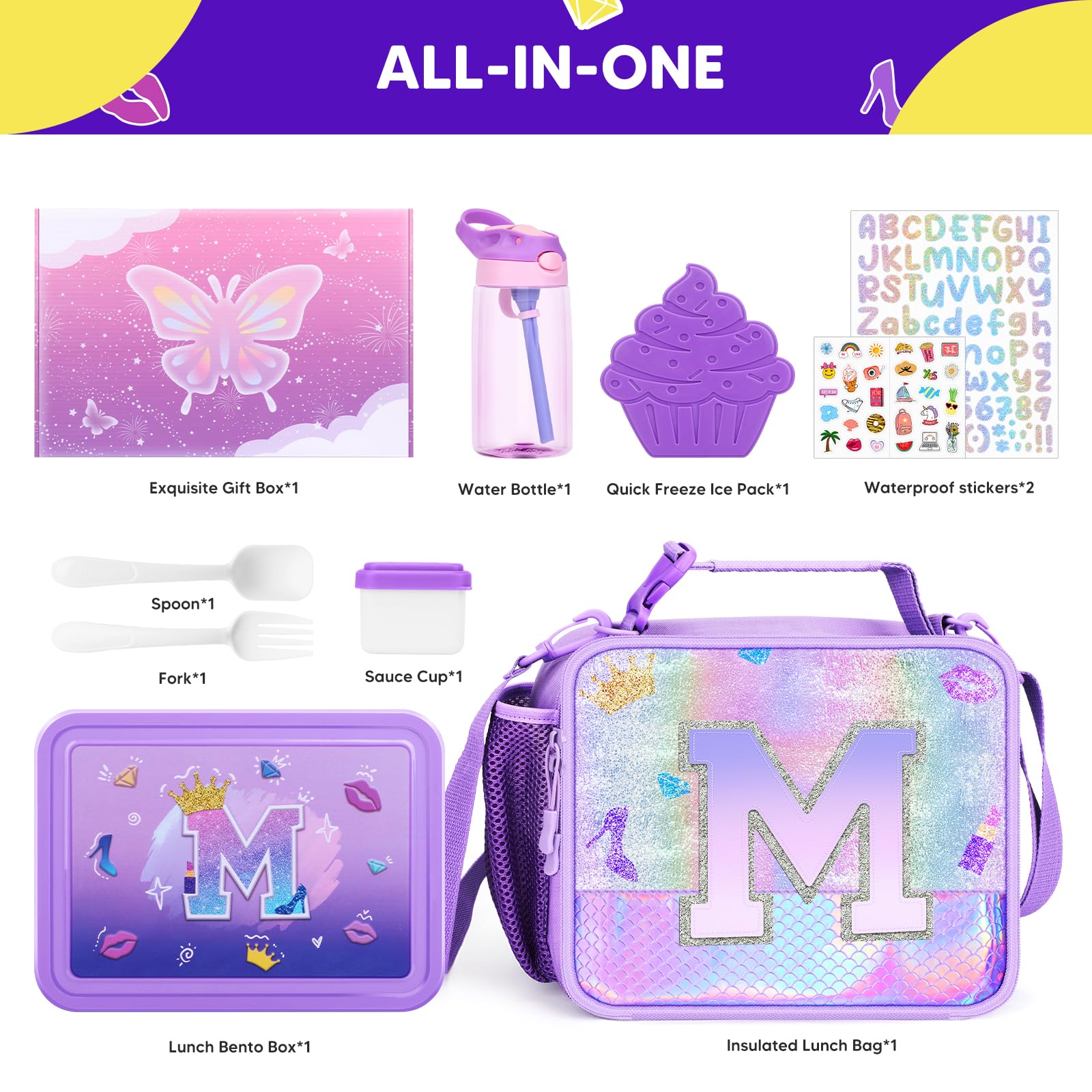 JYPS Lunch Box for Girls-Insulated Lunch Bag,Kids Bento Box with 6 Compartment,Water Bottle,Ice Pack,Salad Container,Perfect Lunch Container for Kids and Toddlers Back to School Age 7-15(Purple M)