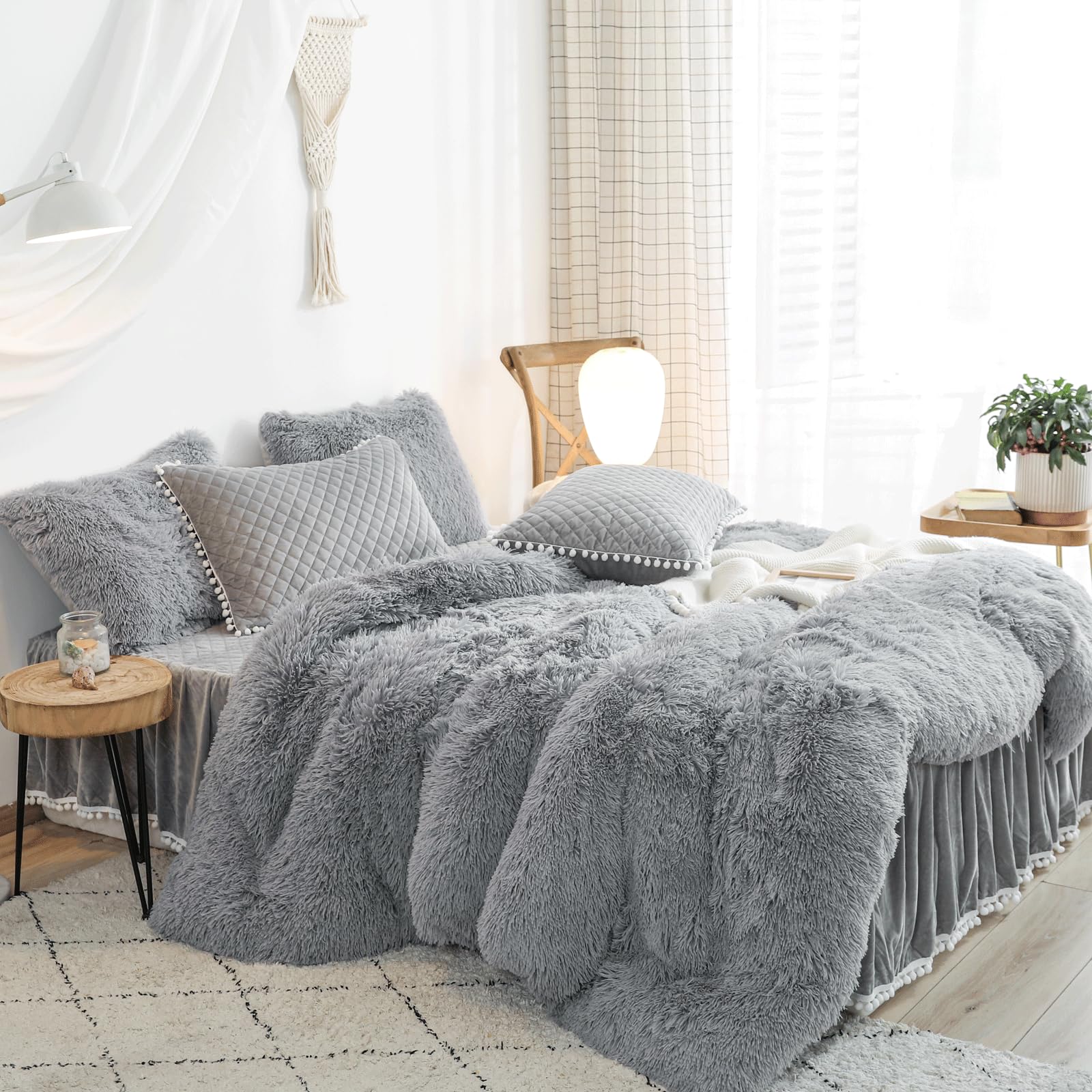 HAIHUA Luxury Plush Shaggy Flannel Velvet (1 Faux Fur Duvet Cover) Fluffy Comforter Bedding Sets 1 Pieces,Zipper Closure (Gray, Queen)