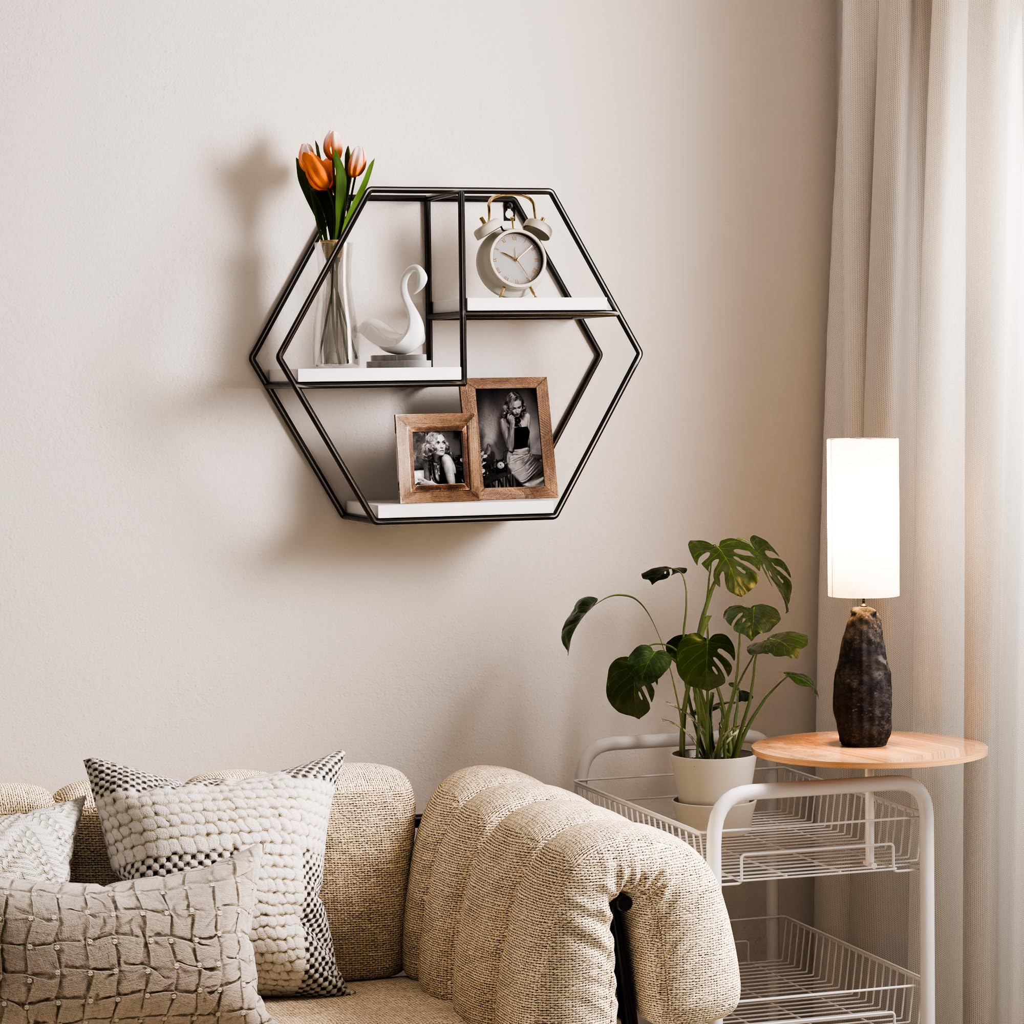 WFSRESTD Hexagon Shelves for Wall - Wooden Floating Shelf for Wall Home Decor, Resilient Metal Honeycomb Wall Shelf for for Bedroom, Living Room, Bathroom