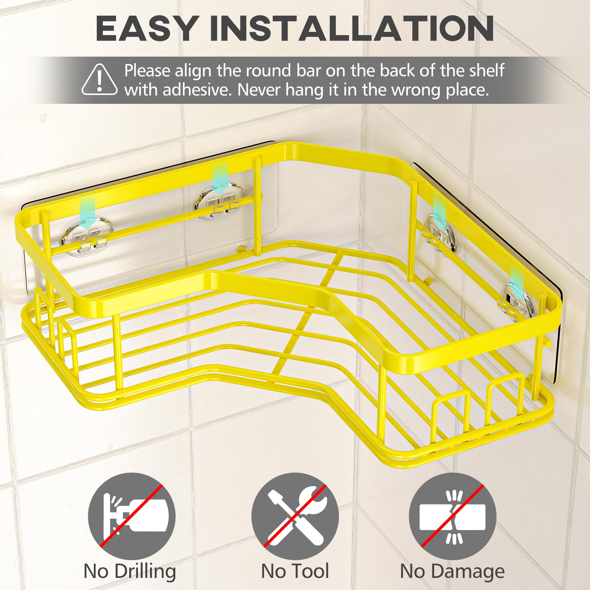 MAXIFFE Shower Caddy, 3-Pack Shower Organizer with Soap Holder, Corner Shower Caddy with 8 Hooks, Wall Mounted Shower Shelf for Bathroom, Kitchen, Countertop, Yellow