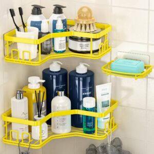 maxiffe shower caddy, 3-pack shower organizer with soap holder, corner shower caddy with 8 hooks, wall mounted shower shelf for bathroom, kitchen, countertop, yellow