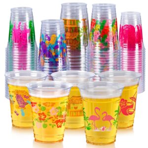 guasslee 50 luau cups for hawaiian luau party decorations, 12 oz tiki tropical plastic disposable cups for pool flamingo tiki birthday party decor supplies