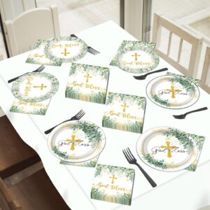 Naozinebi 200Pcs God Bless Baptism Plates Napkins First Holy Communion Party Tableware Set Christening Ceremony Dinnerware Confirmation Paper Plates for Mi Bautizo Baby Shower Decor Supplies Serve 50