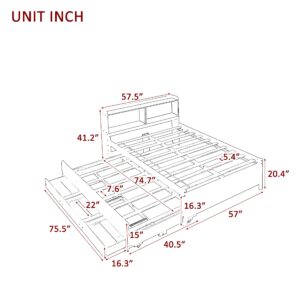 Full Size Bed Frame with Bookcase Headboard,Captain’s Bed Full with Trundle and Drawers for Kids,Trundle Bed with Storage for Teens,Adults(Full,White)