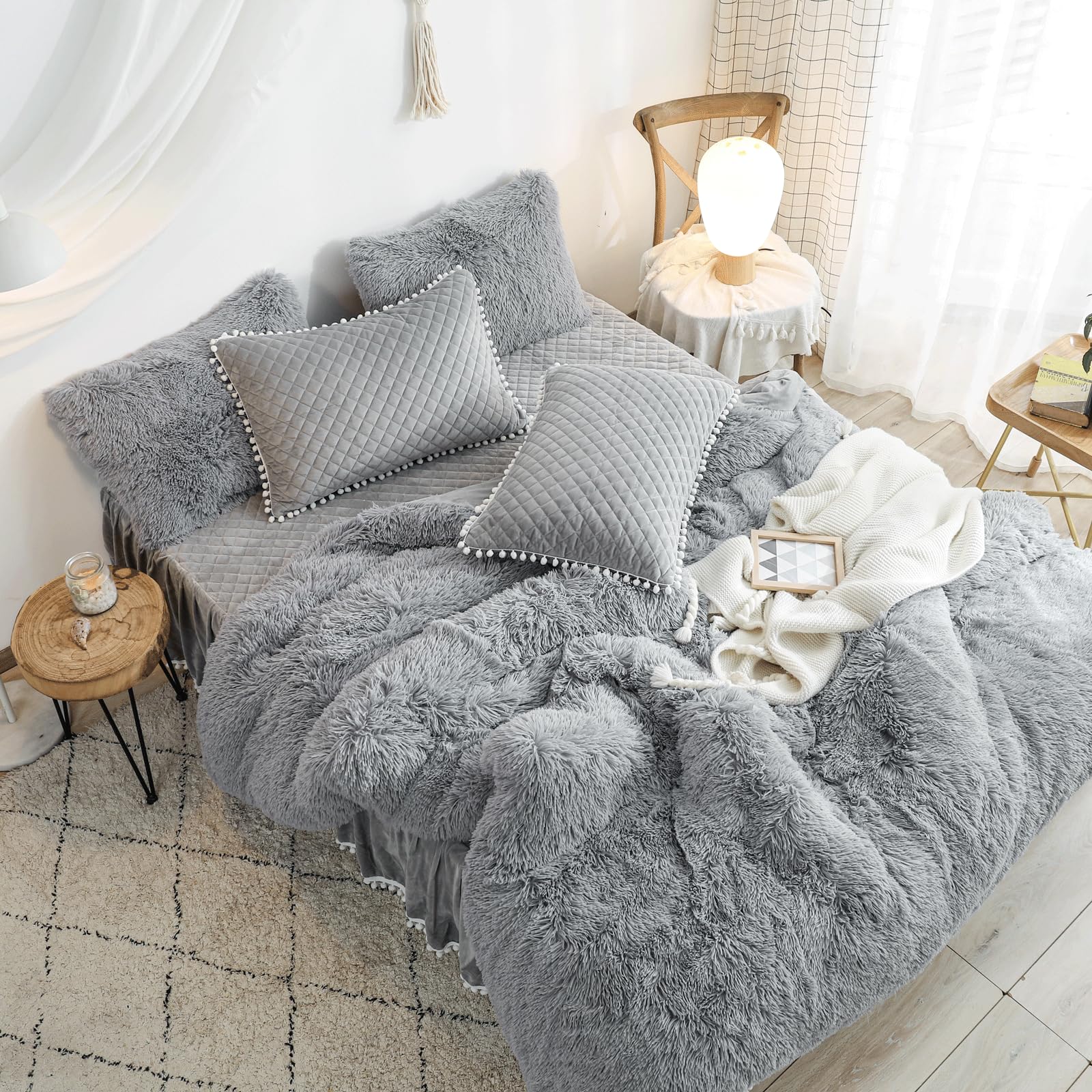 HAIHUA Luxury Plush Shaggy Flannel Velvet (1 Faux Fur Duvet Cover) Fluffy Comforter Bedding Sets 1 Pieces,Zipper Closure (Gray, Queen)