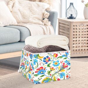 Wassud Storage Bins with Lids Colorful Flower Pattern Collapsible Stackable Fabric Linen Baskets Closet Organizer Container,16.5"x12.6"x11.8"